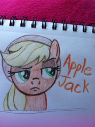 Size: 1936x2592 | Tagged: safe, artist:agentkit95, applejack, earth pony, pony, g4, bust, eyelashes, female, frown, hat, mare, solo, suspicious, traditional art