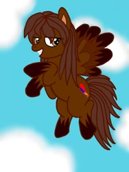 Size: 768x1024 | Tagged: safe, artist:agentkit95, oc, oc only, pegasus, pony, colored hooves, flying, grin, pegasus oc, smiling, solo, wings
