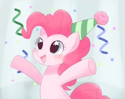 Size: 2048x1628 | Tagged: safe, artist:ginmaruxx, pinkie pie, earth pony, pony, g4, blushing, bust, confetti, cute, diapinkes, female, hat, hooves out, mare, open mouth, open smile, party hat, smiling, solo, starry eyes, streamers, three quarter view, wingding eyes