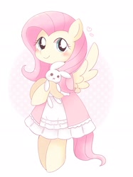 Size: 1434x1920 | Tagged: safe, artist:ginmaruxx, fluttershy, pegasus, pony, g4, bipedal, blushing, bunny plushie, clothes, cute, dress, female, heart, holding, hoof hold, looking at you, mare, plushie, puffy sleeves, shyabetes, simple background, smiling, solo, spread wings, three quarter view, wings