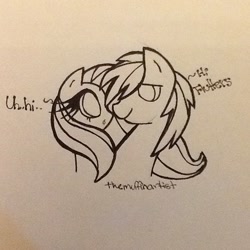 Size: 640x640 | Tagged: safe, artist:themuffinartist, big macintosh, fluttershy, earth pony, pegasus, pony, g4, female, looking at each other, male, monochrome, ship:fluttermac, shipping, straight, traditional art