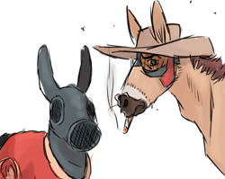 Size: 1280x1021 | Tagged: safe, artist:bestpartofwakingup, donkey, hybrid, mule, pony, bust, cigarette, clothes, duo, gas mask, hat, male, mask, ponified, pyro (tf2), simple background, smoking, sniper, sniper (tf2), team fortress 2, white background