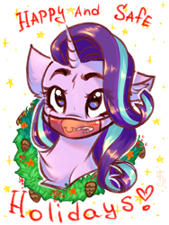 Size: 1200x1600 | Tagged: safe, artist:falafeljake, starlight glimmer, pony, unicorn, g4, bust, christmas, christmas wreath, face mask, holiday, mask, simple background, solo, stay at home, stay safe, white background, wreath