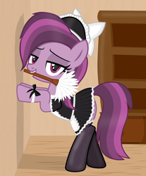 Size: 2452x2962 | Tagged: safe, artist:chomakony, oc, oc only, oc:ruby geminis, earth pony, pony, alternate clothes, bedroom eyes, bipedal, clothes, duster, earth pony oc, female, high res, lidded eyes, looking at you, maid, maid headdress, mare, mouth hold, pose, sexy, show accurate, socks, solo