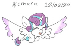 Size: 1031x651 | Tagged: safe, artist:cmara, princess flurry heart, alicorn, pony, g4, baby, baby pony, cute, diaper, eyes closed, female, filly, flurrybetes, flying, open mouth, open smile, simple background, smiling, solo, spread wings, traditional art, white background, wings