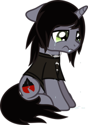 Size: 834x1186 | Tagged: safe, artist:lightningbolt, derpibooru exclusive, pony, unicorn, g4, .svg available, clothes, crying, disguise, disguised siren, ears back, fangs, horn, jewelry, kellin quinn, male, necklace, ponified, sad, shirt, show accurate, simple background, sleeping with sirens, slit pupils, stallion, svg, t-shirt, transparent background, vector, wavy mouth