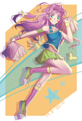 Size: 2036x2992 | Tagged: safe, artist:xinury辛娜, fluttershy, human, g4, abstract background, cheerleader, clothes, converse, face paint, female, high res, humanized, legs, messy hair, pom pom, shoes, skirt, smiling, solo