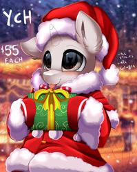Size: 1280x1611 | Tagged: safe, artist:pridark, part of a set, oc, oc only, pony, :p, christmas, clothes, commission, costume, cute, gift wrapped, hat, holding, holiday, santa costume, santa hat, solo, tongue out, ych example, ych sketch, your character here