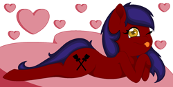 Size: 1516x772 | Tagged: safe, artist:horsesrnaked, oc, oc only, oc:fluffycuffs, earth pony, pony, cute, heart, loose hair, love, lying down, no accessories, no accessory, no makeup, one eye closed, simple background, solo, tongue out, white background, wink
