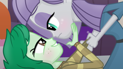 Size: 1880x1058 | Tagged: safe, artist:grapefruitface1, maud pie, wallflower blush, equestria girls, g4, base used, bedroom, blushing, clothes, crack shipping, duo, female, imminent sex, implied infidelity, lesbian, looking at each other, maudflower, night, pulling clothes, shipping, show accurate, sweater