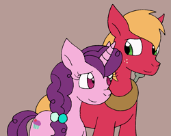 Size: 927x737 | Tagged: safe, artist:cmara, big macintosh, sugar belle, earth pony, pony, unicorn, g4, brown background, female, freckles, looking at each other, male, mare, ship:sugarmac, shipping, simple background, stallion, straight