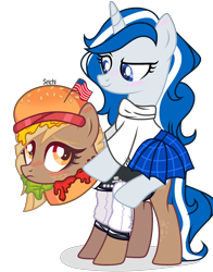 Size: 2130x2710 | Tagged: safe, artist:seichi, oc, oc only, oc:balmoral, oc:patty (ice1517), earth pony, pony, unicorn, american, american flag, blushing, burger, clothes, commission, duo, female, food, freckles, hat, high res, jacket, jersey, ketchup, kilt, lettuce, looking at each other, mare, mustard, nation ponies, ponies riding ponies, ponified, raised eyebrow, riding, sauce, scotland, scottish, simple background, skirt, sweater, tomato, transparent background, varsity jacket, ych result