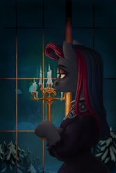 Size: 1365x2048 | Tagged: safe, artist:violettacamak, oc, oc only, oc:candlelight, oc:obabscribbler, earth pony, semi-anthro, arm hooves, candelabra, candle, clothes, looking away, snow, solo, tree, window