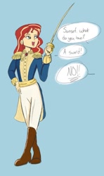 Size: 603x1019 | Tagged: safe, artist:pettypop, edit, editor:thomasfan45, sunset shimmer, human, equestria girls, g4, blue background, boots, clothes, cropped, epaulettes, female, funny, gem, jacket, open mouth, pants, royal guard, shoes, simple background, smiling, soldier, solo, speech bubble, sword, uniform, weapon