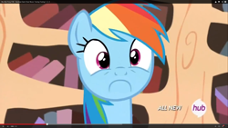 Size: 1920x1080 | Tagged: safe, edit, edited screencap, screencap, rainbow dash, pony, g4, testing testing 1-2-3, :c, frown, golden oaks library, hub logo, hubble, inverted mouth, solo
