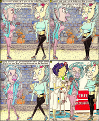 Size: 1024x1246 | Tagged: safe, artist:meiyeezhu, lolli love, nurse heartstick, princess skystar, silverstream, hippogriff, human, anthro, g4, my little pony: the movie, anime, bored, brick wall, clothes, comic, cousins, cringing, crying, freckles, hat, hesitant, high heels, horn, horned humanization, hospital, humanized, injection, jacket, jewelry, long sleeved shirt, long sleeves, necklace, needle, nervous, nurse, nurse hat, nurse outfit, old master q, pain, pants, parody, reference, sand, shaking, shoes, sign, sneakers, standing, syringe, tears of pain, vaccination, wall, yoga pants