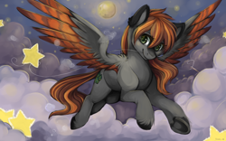 Size: 1024x640 | Tagged: safe, artist:mr-tiaa, oc, oc only, oc:acid etching, pegasus, pony, black ears, black hooves, cloud, colored ears, colored wings, female, flying, full moon, gray coat, looking at you, mare, moon, mouth hold, needle, night, smiling, smiling at you, solo, spread wings, starry sky, stars, thread, two toned wings, unshorn fetlocks, wings