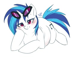 Size: 443x339 | Tagged: source needed, safe, artist:mr-tiaa, dj pon-3, vinyl scratch, pony, unicorn, g4, fat, female, lying down, simple background, solo, vinyl fat, white background
