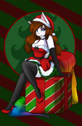 Size: 1242x1920 | Tagged: safe, artist:mscolorsplash, oc, oc only, oc:color splash, pegasus, pony, anthro, bedroom eyes, choker, christmas, clothes, dress, female, hat, high heels, holiday, holly, looking at you, mare, present, santa hat, shoes, stiletto heels, stockings, thigh highs