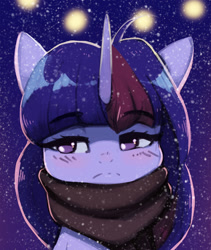 Size: 1300x1537 | Tagged: safe, artist:mrscroup, twilight sparkle, pony, g4, blushing, bust, clothes, cute, female, lights, mare, portrait, scarf, snow, snowfall, solo, twiabetes, winter