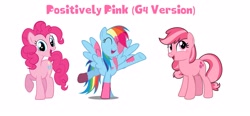 Size: 3289x1525 | Tagged: safe, artist:pagiepoppie12345, minty, pinkie pie, rainbow dash, earth pony, pegasus, pony, a very pony place, g3, g4, positively pink, covered in paint, eyes closed, g3 to g4, generation leap, looking at you, paint, pink minty, pink paint, pink rainbow dash, recolor, simple background, smiling, text, white background