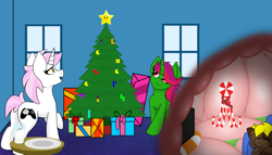 Size: 2800x1600 | Tagged: safe, artist:noblebrony317, oc, oc:dee pad, oc:dusk shard, oc:ivory rose, pony, arcade cabinet, butt, candy, candy cane, christmas, christmas presents, christmas tree, eaten alive, endosoma, food, holiday, internal, invincibility star, milk, non-fatal vore, pac-man, peppermint, plot, stomach, stomach acid, stomach walls, super star, television, tetris, tree, vore