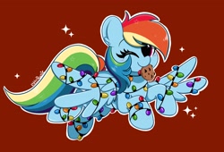 Size: 3200x2176 | Tagged: safe, artist:kittyrosie, rainbow dash, pegasus, pony, g4, christmas, christmas lights, cookie, cute, dashabetes, digital art, female, food, high res, holiday, mare, mouth hold, one eye closed, simple background, smiling, solo, wink