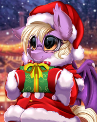 Size: 1280x1611 | Tagged: safe, artist:pridark, part of a set, oc, oc only, oc:pinkfull night, bat pony, pony, bat pony oc, bat wings, christmas, clothes, commission, costume, cute, ear fluff, fangs, female, gift wrapped, glasses, hat, holding, holiday, santa costume, santa hat, smiling, solo, teenager, wings, ych result