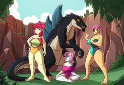 Size: 1280x873 | Tagged: safe, artist:caiman2, apple bloom, scootaloo, sweetie belle, oc, kaiju, project goliathon, equestria girls, g4, amazon, apple bloom's bow, barefoot, big breasts, bow, breasts, busty apple bloom, busty cmc, busty scootaloo, busty sweetie belle, cleavage, clothes, crack shipping, crossover, crossover shipping, cutie mark crusaders, feet, female, giantess, godzilla (series), godzilla the series, hair bow, huge breasts, kaijin, komodithrax, macro, offspring from another series, one-piece swimsuit, shipping, swimsuit, zilla junior