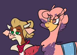 Size: 771x547 | Tagged: safe, artist:azulejo, arizona (tfh), paprika (tfh), alpaca, cow, them's fightin' herds, adora, arizona is not amused, clothes, community related, cosplay, costume, female, glimmer (she-ra), she-ra and the princesses of power, smiling