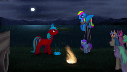 Size: 3840x2160 | Tagged: safe, artist:108fiona8fay, oc, oc only, earth pony, pegasus, pony, unicorn, female, filly, fire, high res, magic, male, mare, rain, stallion
