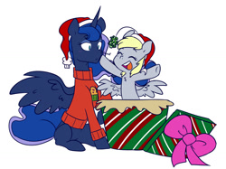 Size: 1280x956 | Tagged: safe, artist:chub-wub, derpy hooves, princess luna, alicorn, pegasus, pony, g4, boop, bow, christmas, christmas sweater, clothes, duo, female, hat, holiday, lesbian, mare, mistletoe, present, santa hat, ship:lunaderp, shipping, simple background, sweater, white background