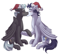 Size: 2600x2400 | Tagged: safe, artist:monnarcha, soarin', thunderlane, pegasus, pony, g4, christmas, duo, eyes closed, gay, hat, high res, holding hooves, holiday, kiss on the lips, kissing, male, raised hoof, santa hat, shipping, simple background, soarilane, stallion, transparent background