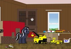 Size: 3400x2365 | Tagged: safe, artist:lonewolf3878, oc, oc only, oc:chrome thunder, pony, unicorn, box, clubhouse, crane, gobots, high res, jayce and the wheeled warriors, model train, pickup truck, road grader, room, solo, stomper (toy), tonka, tonka trucks, toy