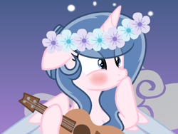 Size: 924x696 | Tagged: safe, artist:lominicinfinity, oc, oc only, oc:sparkdust knight, alicorn, pony, floral head wreath, flower, guitar, musical instrument, solo