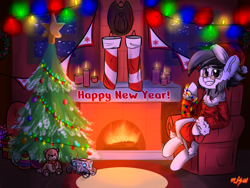 Size: 1600x1200 | Tagged: safe, artist:mjsw, oc, oc only, earth pony, pony, christmas, christmas tree, commission, fire, fireplace, holiday, male, new year, present, smiling, smirk, solo, stallion, toy, tree