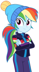 Size: 1494x2769 | Tagged: safe, artist:sketchmcreations, rainbow dash, blizzard or bust, equestria girls, equestria girls series, g4, holidays unwrapped, spoiler:eqg series (season 2), alternate hairstyle, clothes, crossed arms, female, hat, jacket, looking at you, ponytail, simple background, smiling, solo, toque, transparent background, vector, winter outfit