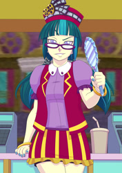 Size: 1302x1841 | Tagged: safe, artist:brother-tico, juniper montage, equestria girls, equestria girls specials, g4, my little pony equestria girls: mirror magic, buttons, canterlot mall, cash register, clothes, collar, counter, devious smile, drink, female, film reel, glasses, gold, legs, looking at you, mirror, painted nails, raised eyebrows, shirt, short sleeves, skirt, sleeveless, solo, straw, theater, uniform, wristband