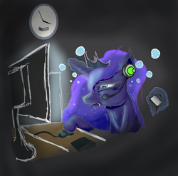 Size: 2076x2048 | Tagged: safe, artist:ほげちき, princess luna, alicorn, pony, gamer luna, g4, bust, clock, computer, computer mouse, female, headset, high res, jewelry, mare, solo, tiara, tired