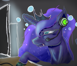 Size: 1330x1146 | Tagged: safe, alternate version, artist:ほげちき, princess luna, alicorn, pony, gamer luna, g4, bust, computer, computer mouse, female, headset, jewelry, mare, solo, tiara, tired