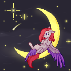 Size: 1600x1600 | Tagged: safe, artist:scorpion, oc, oc only, oc:caffeine creamaccina, pegasus, pony, commission, crescent moon, moon, night, pegasus oc, pixel art, smiling, stars, tangible heavenly object, transparent moon, two toned wings, underhoof, wings, ych result