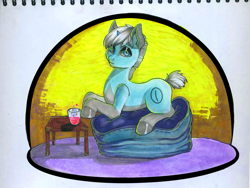 Size: 2526x1896 | Tagged: safe, artist:leastways, oc, oc only, oc:iso, pony, unicorn, abstract background, cushion, female, horn, marker drawing, pencil drawing, solo, table, traditional art, unicorn oc