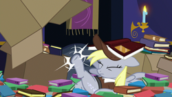Size: 1920x1080 | Tagged: safe, screencap, derpy hooves, pegasus, pony, g4, to where and back again, book, box, female, kicking, mailmare, mailmare uniform, mare, solo