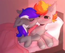 Size: 1662x1348 | Tagged: safe, artist:astralblues, oc, oc:paranoia, oc:retrothegempony, earth pony, pegasus, pony, bed, cheek kiss, chest fluff, couple, cute, ear fluff, female, fluffy, hoof fluff, kissing, lying down, lying on bed, male, on bed, shy
