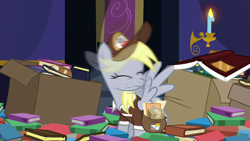 Size: 1920x1080 | Tagged: safe, screencap, derpy hooves, pegasus, pony, g4, to where and back again, book, box, female, head shake, mailmare, mailmare uniform, mare, solo