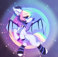Size: 2271x2235 | Tagged: safe, artist:astralblues, oc, oc only, hybrid, original species, pony, chest fluff, choker, clothes, collar, countershading, cute, ear fluff, fluffy, high res, hoof fluff, leg fluff, looking at you, shy, socks, solo, spiked choker, spread wings, wings
