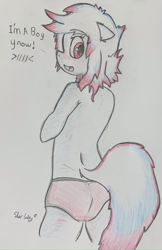 Size: 1596x2463 | Tagged: safe, artist:star lily, oc, oc only, oc:star lily, anthro, ass, blushing, butt, clothes, femboy, male, mistaken gender, panties, solo, traditional art, underwear