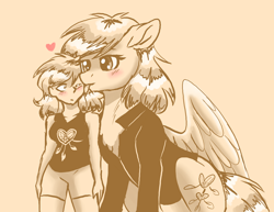 Size: 1928x1487 | Tagged: safe, artist:whitehershey, oc, oc only, oc:white hershey, human, pegasus, pony, blushing, chest fluff, clothes, duo, female, heart, horse sized pony, humanized, licking, monochrome, self ponidox, simple background, size difference, tongue out