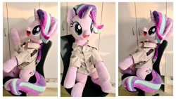 Size: 1024x576 | Tagged: safe, artist:nekokevin, starlight glimmer, pony, unicorn, series:nekokevin's glimmy, g4, clothes, female, irl, life size, looking at you, mare, open mouth, photo, plushie, raised hoof, shirt, sitting, smiling, solo