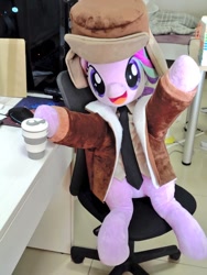 Size: 768x1024 | Tagged: safe, artist:nekokevin, starlight glimmer, pony, unicorn, series:nekokevin's glimmy, g4, clothes, coffee cup, cup, female, hat, hooves in air, irl, jacket, life size, looking at you, mare, necktie, open mouth, photo, plushie, shirt, sitting, smiling, solo, table, underhoof
